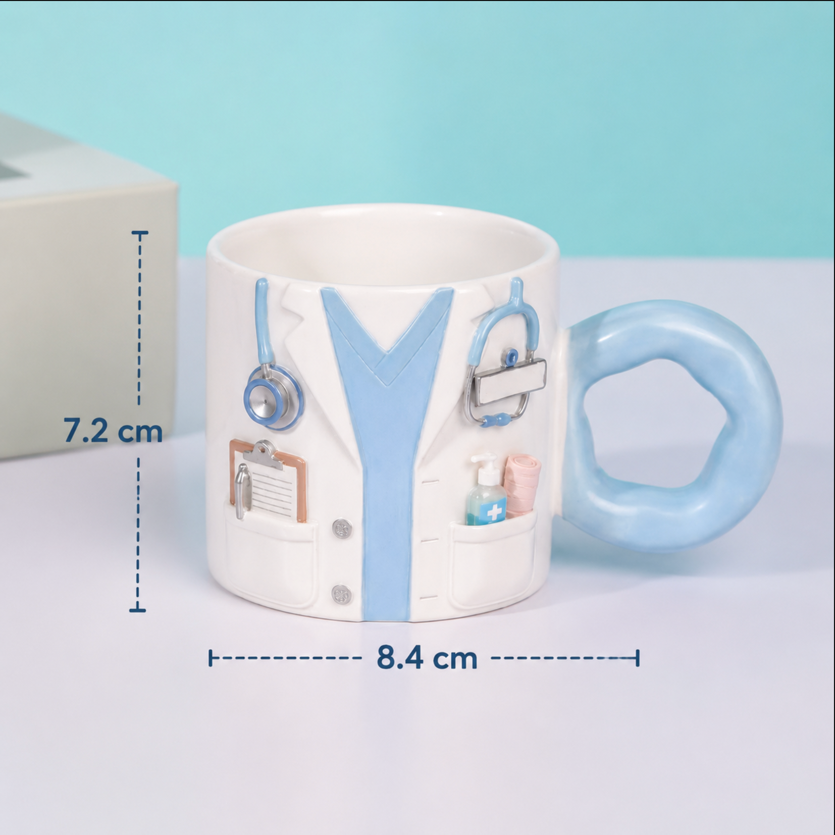 Doctor-themed mug with medical details