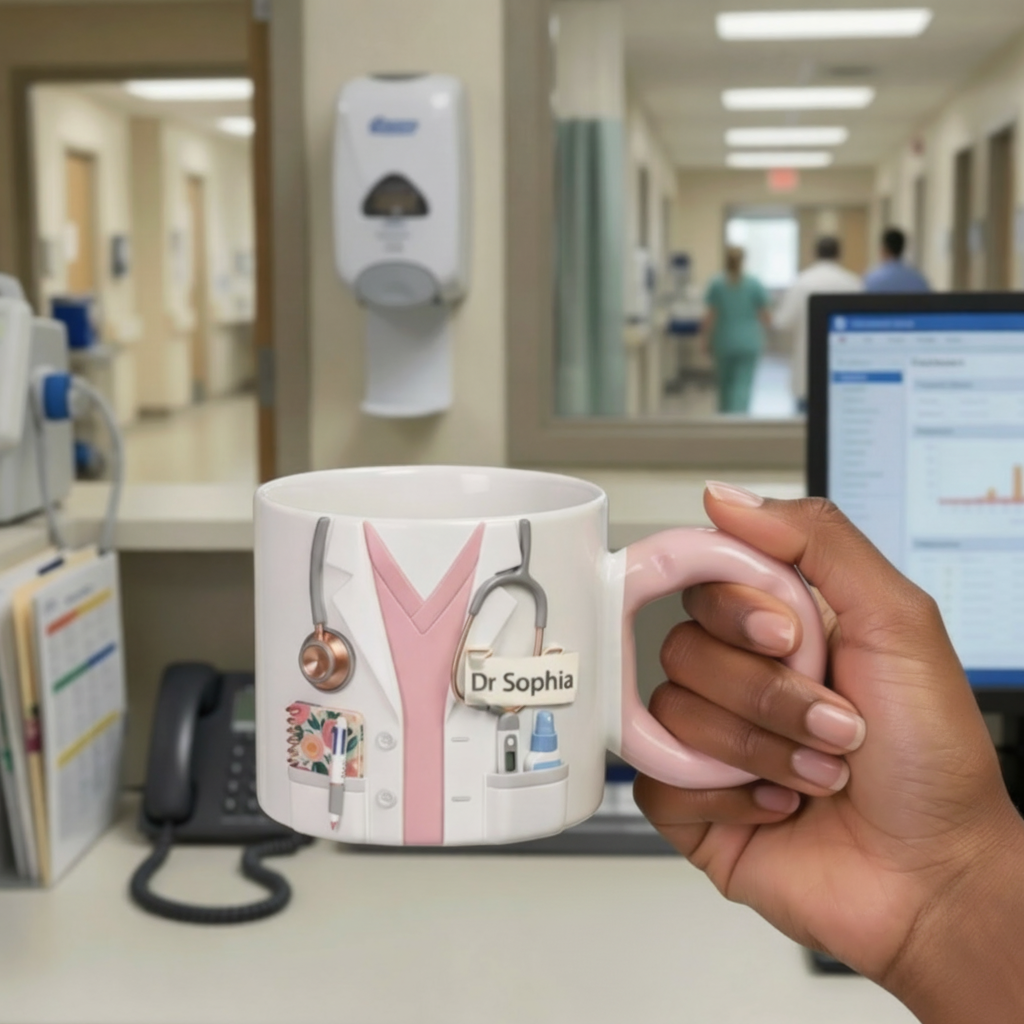 Person holding a mug with 'Dr. Sophia' design in a hospital setting