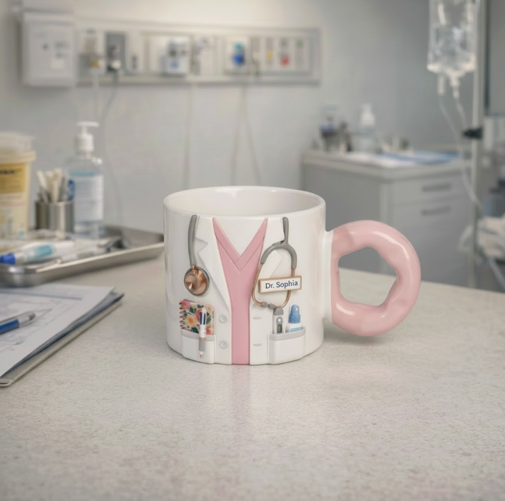 Mug with medical-themed design on a desk in a hospital setting