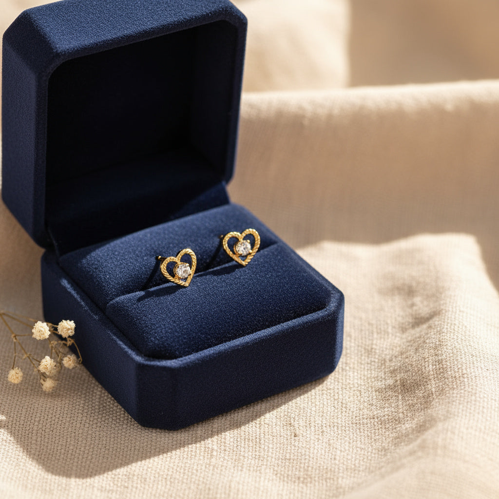 Crystal Heart Gold Studs