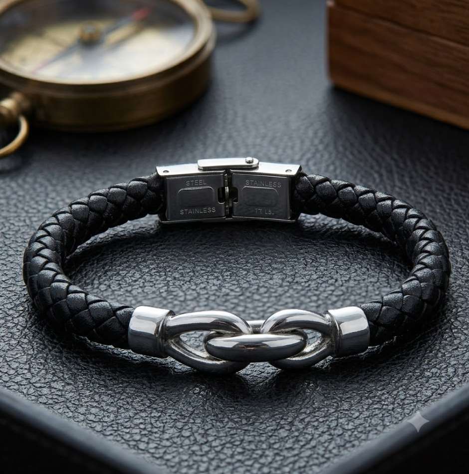 Black braided leather bracelet with silver clasp on a textured surface