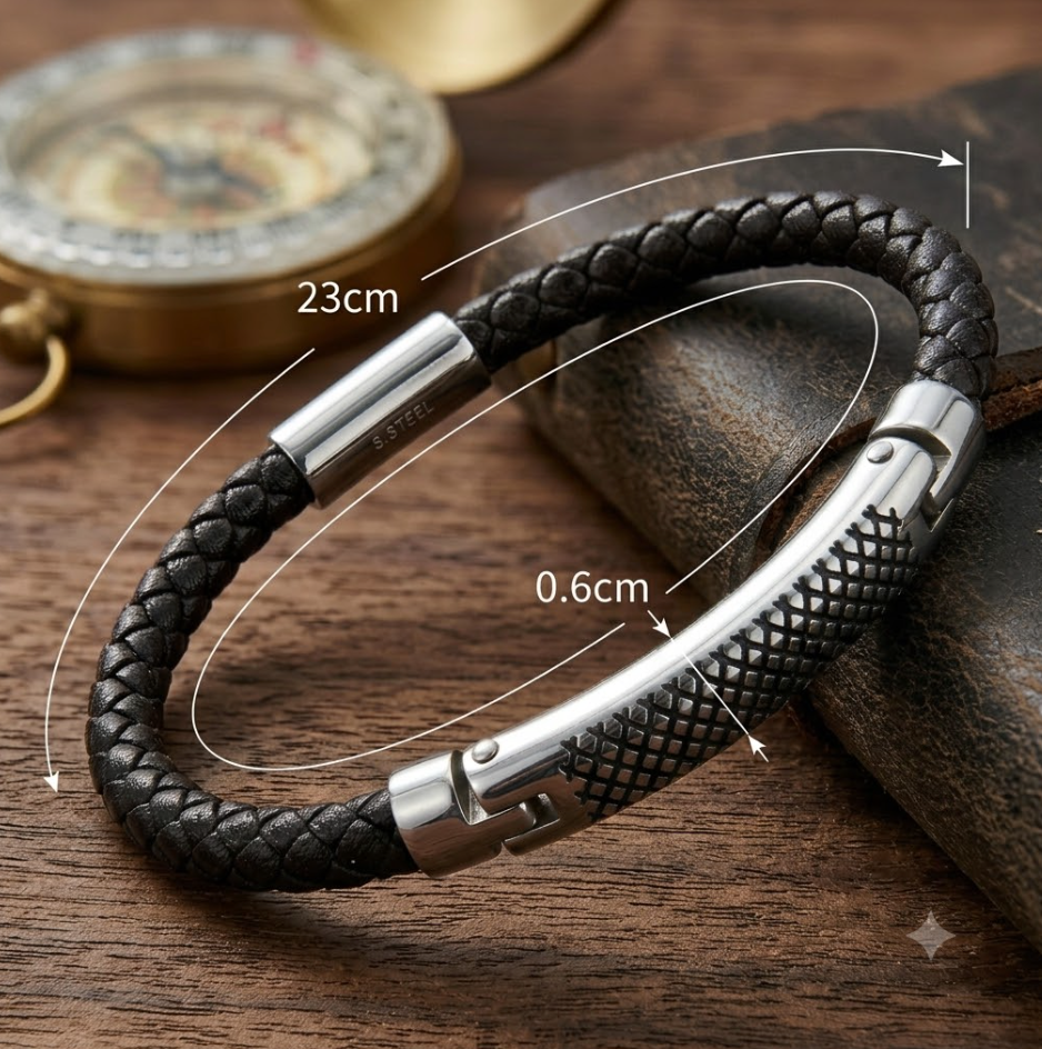 Black braided leather bracelet with silver clasp on a wooden surface, showing measurements.