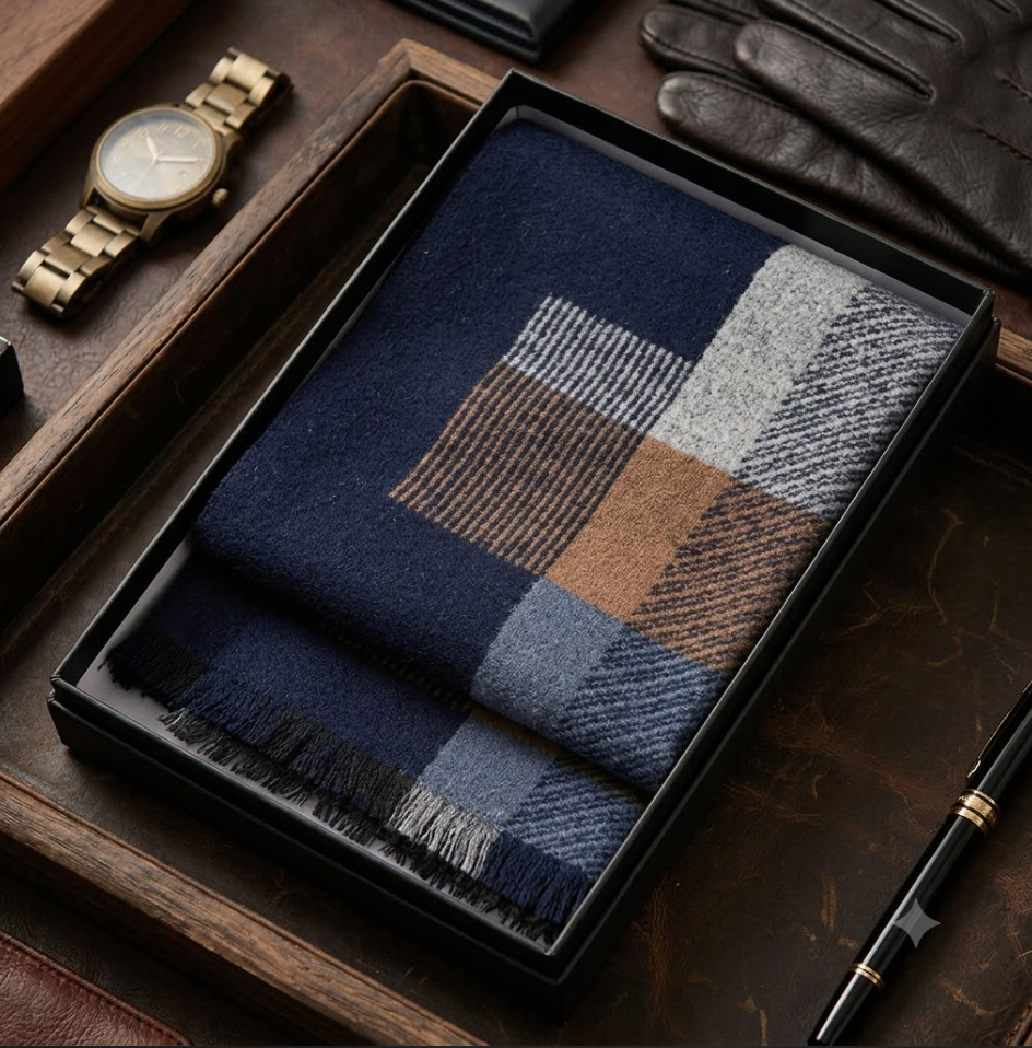 Plaid scarf in a black box on a wooden surface with a watch and pen.
