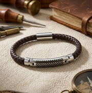 Brown braided leather bracelet with silver clasp on a textured surface with tools and a book in the background.