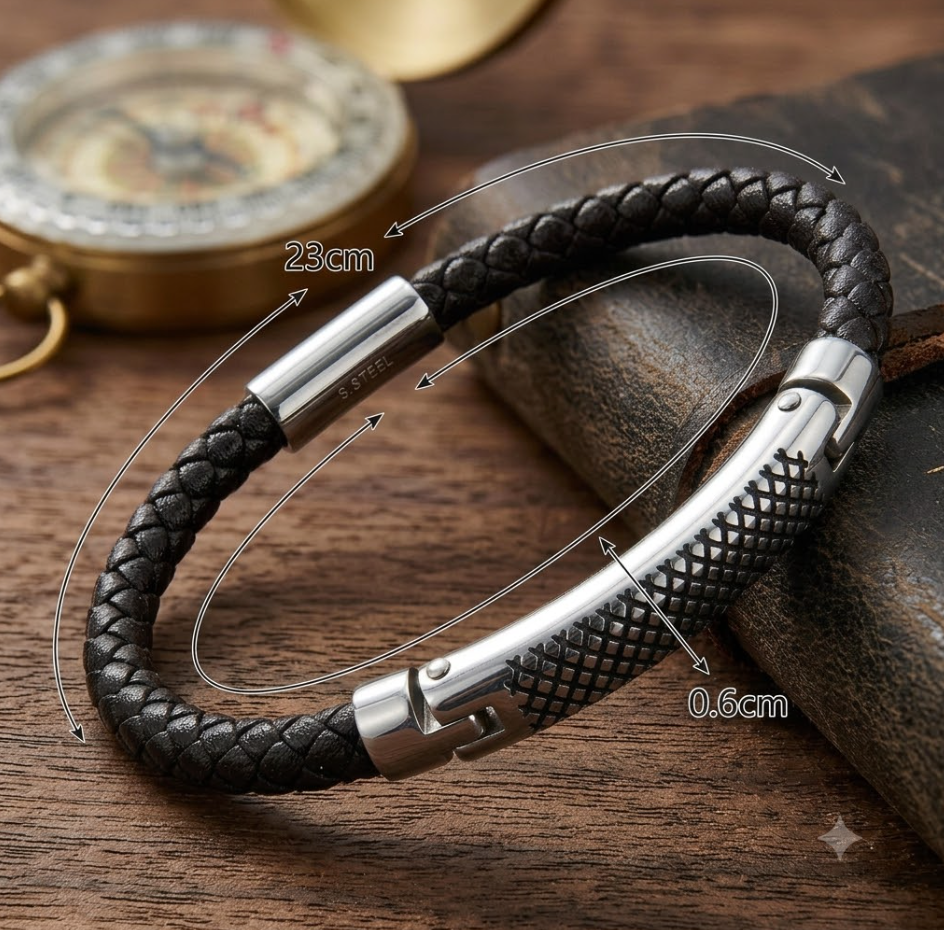 Black braided leather bracelet with silver clasp on a wooden surface, showing measurements.
