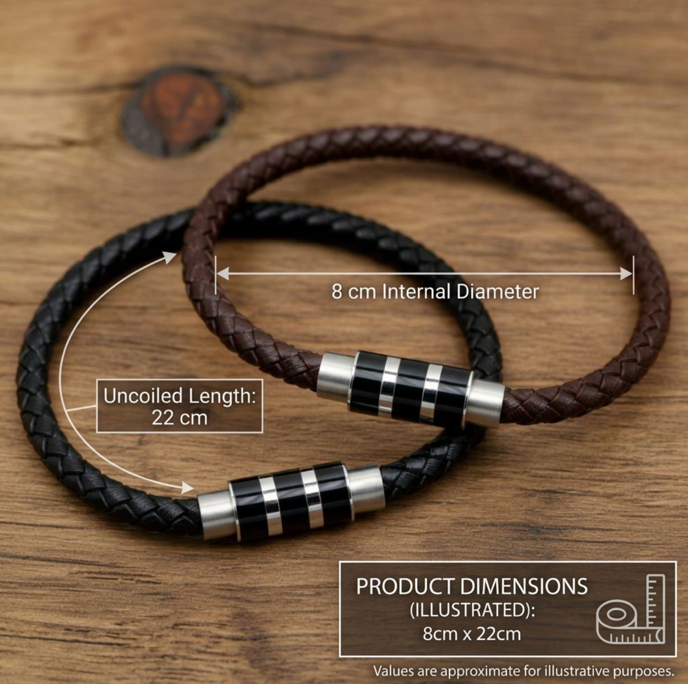 Two braided leather bracelets with metal accents on a wooden surface, showing dimensions.