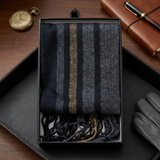 Striped scarf in a box with a pocket watch, leather notebook, and gloves on a wooden surface.