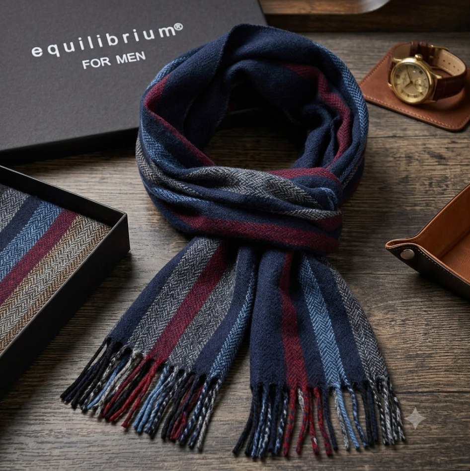Plaid scarf with fringes on a wooden surface, featuring 'equilibrium for men' branding.