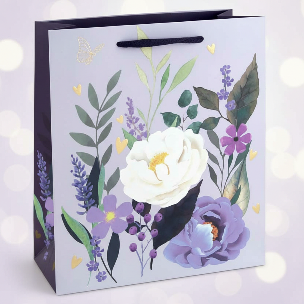 Elegant Floral Gift Bag – with Navy Blue Handles