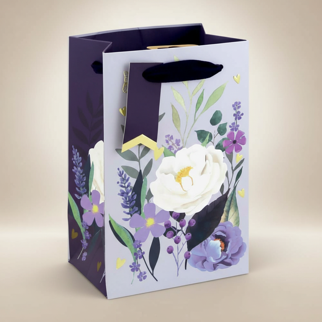 Elegant Floral Gift Bag – with Navy Blue Handles