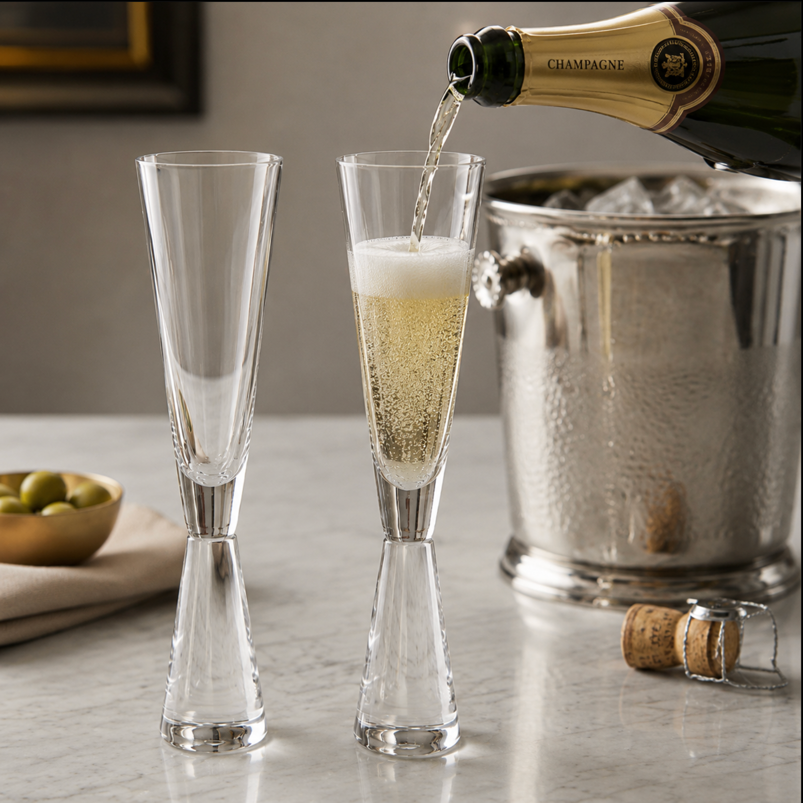 Two clear champagne flutes on a marble countertop, with one filled with sparkling champagne and the other empty. A bottle of champagne is pouring into the flute, with a metal ice bucket, cork, and olives in the background.