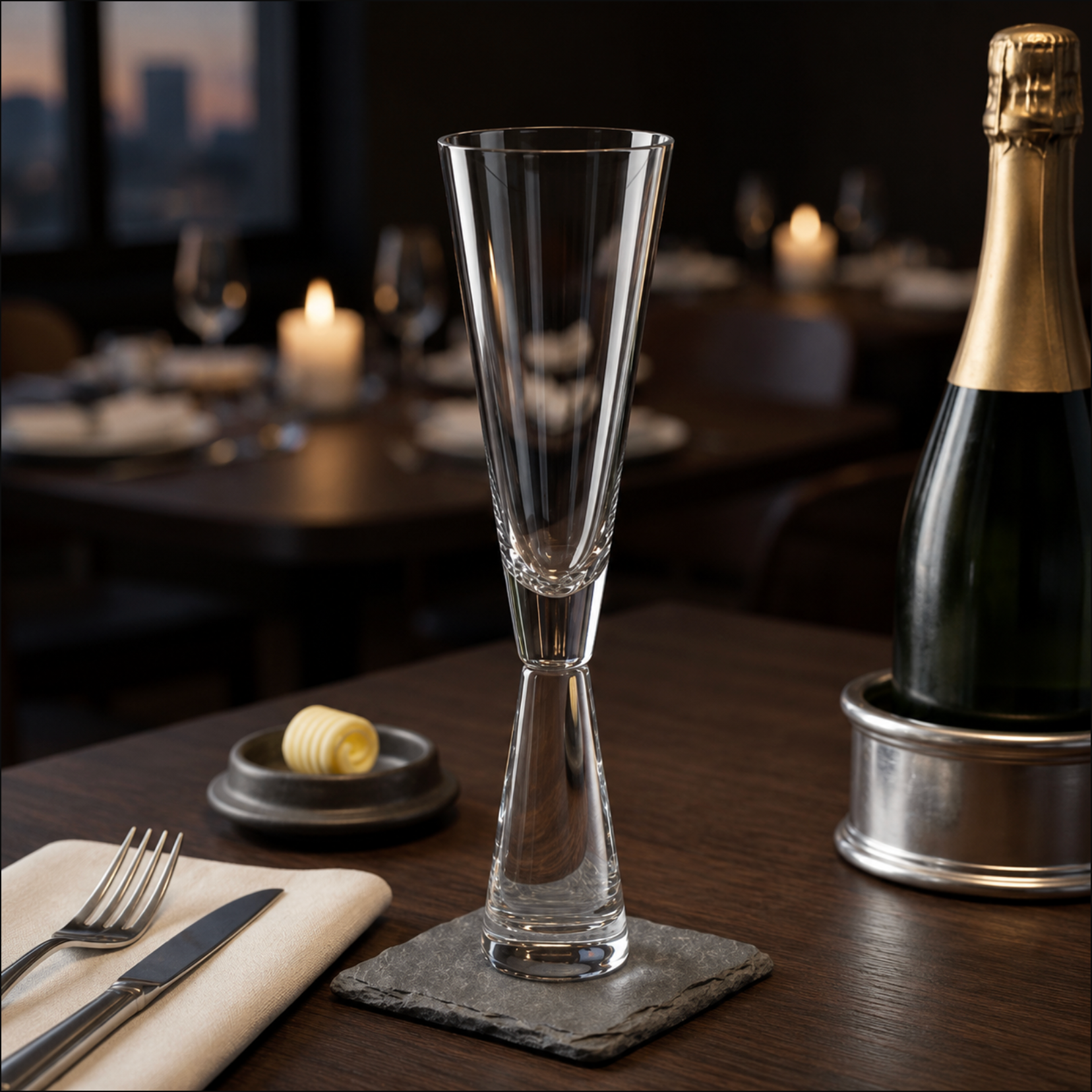 A clear champagne flute glass standing on a dark stone coaster on a wooden table, with a bottle, cutlery, and blurred dining setting in the background.