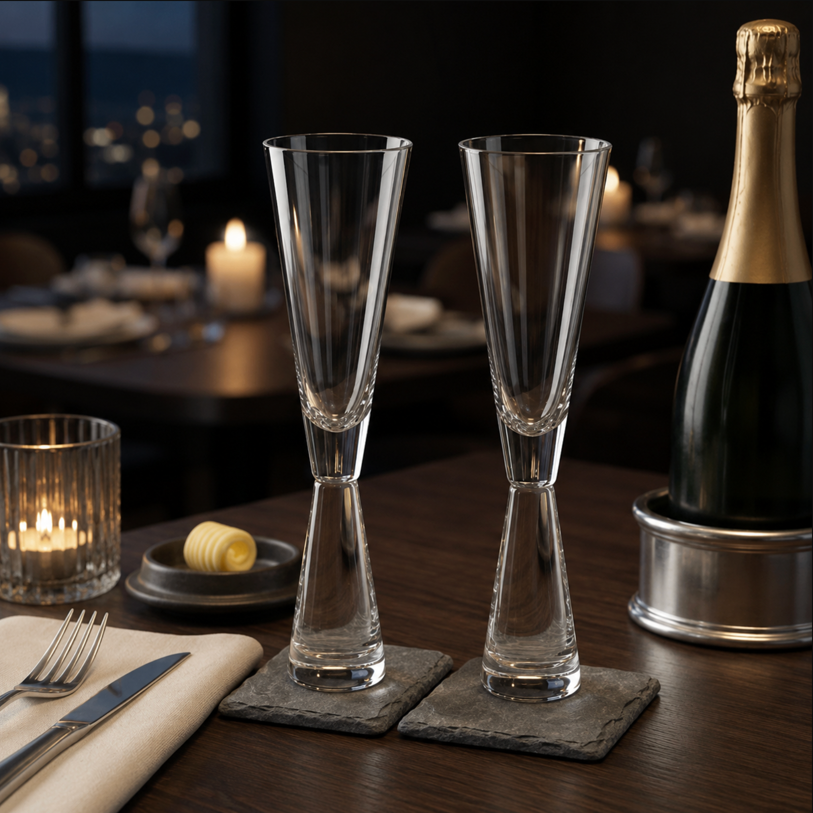 Two clear champagne flutes on slate coasters on a dark wooden table, with a champagne bottle, candle, and cutlery in a dimly lit restaurant setting.