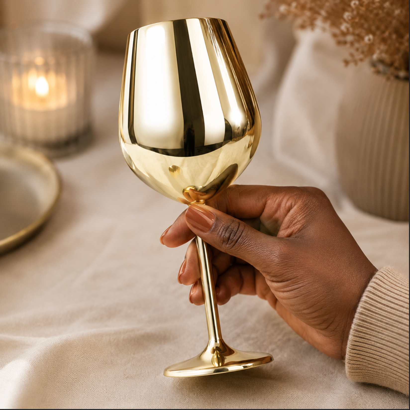 Hand holding a gold wine glass on a soft surface with a blurred background