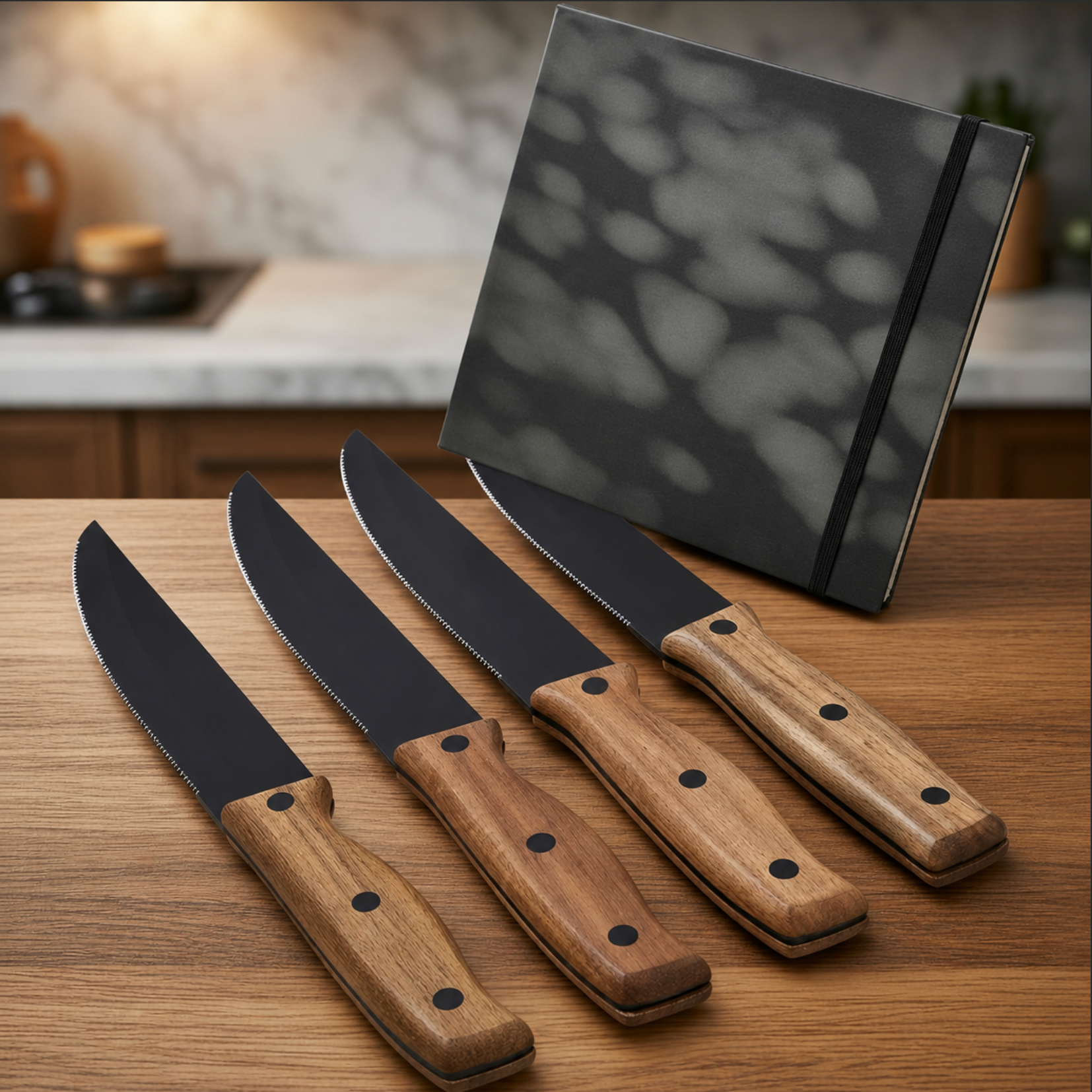 Set of four knives with wooden handles on a wooden surface, with a blurred kitchen background.