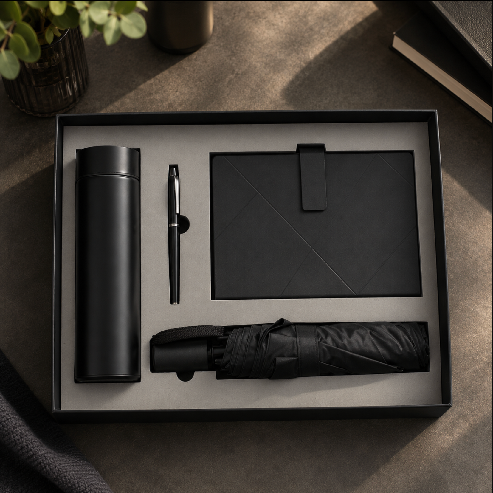 Personalised Notebook Gift Set – A5 Notebook, 500ml Bottle, Umbrella & Accessories Set