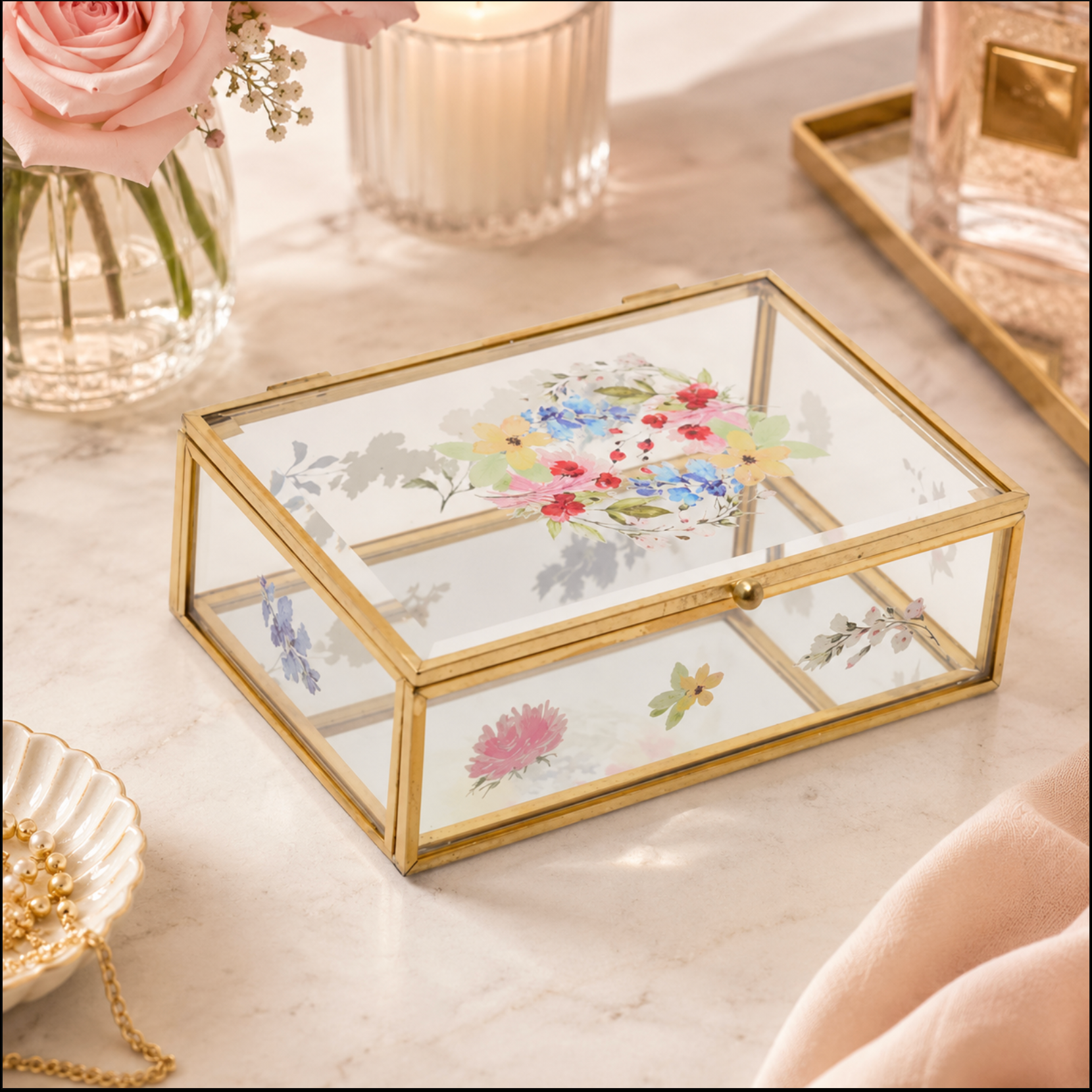 A rectangular glass jewelry box with a gold metal frame and delicate floral illustrations on the clear lid, styled on a marble surface with soft pink flowers and candles in the background.