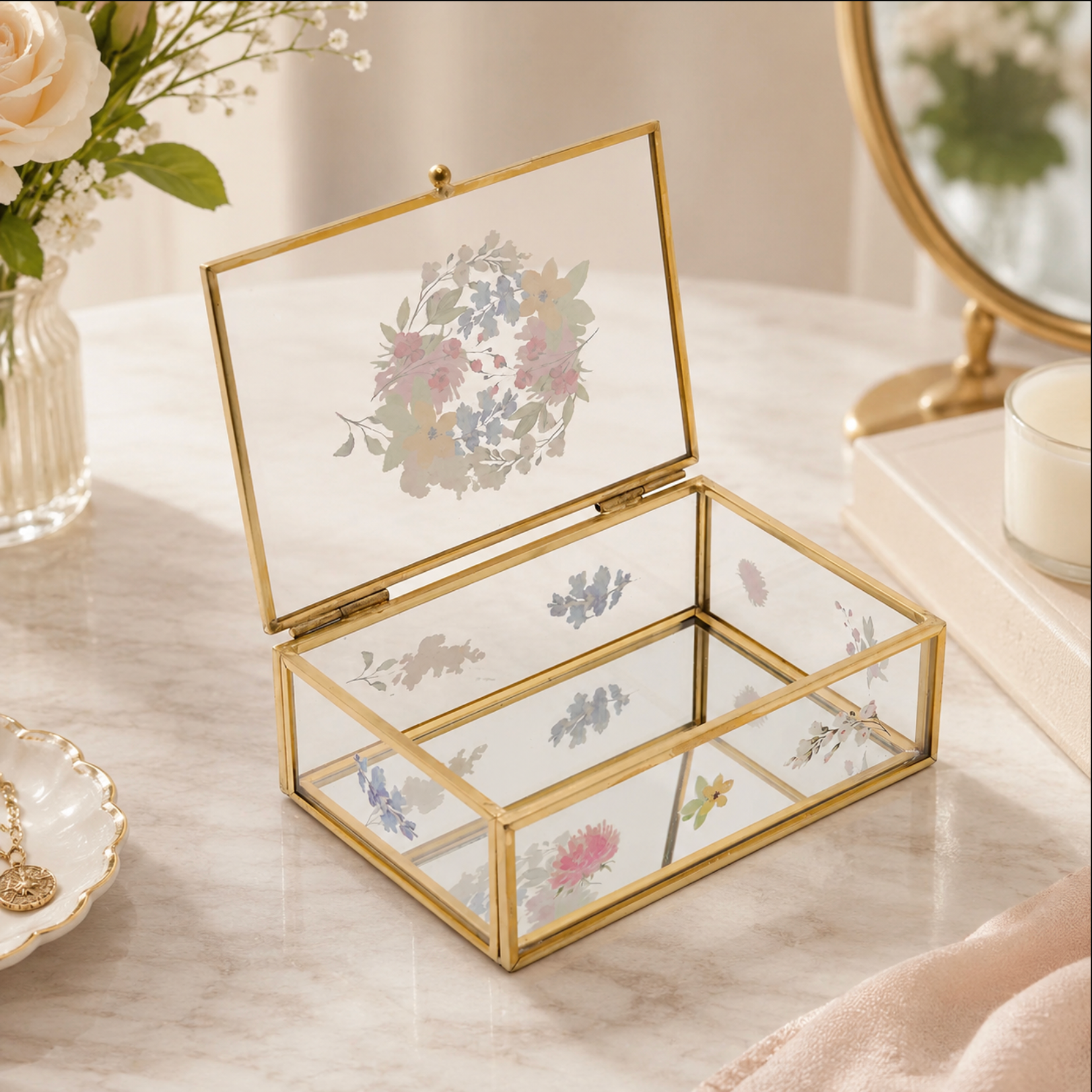 A rectangular glass jewelry box with a gold metal frame, shown open on a light marble surface. The clear glass panels feature delicate floral and botanical prints in soft pastel tones, and the interior has three compartments.