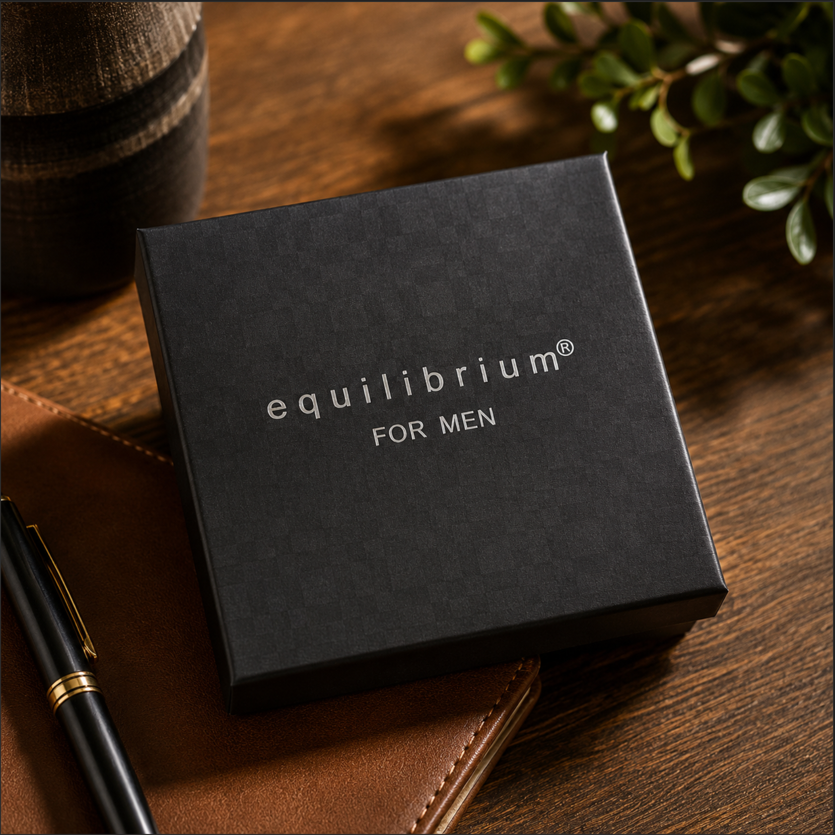 Black box with 'equilibrium for men' branding on a wooden surface with a pen and plant.