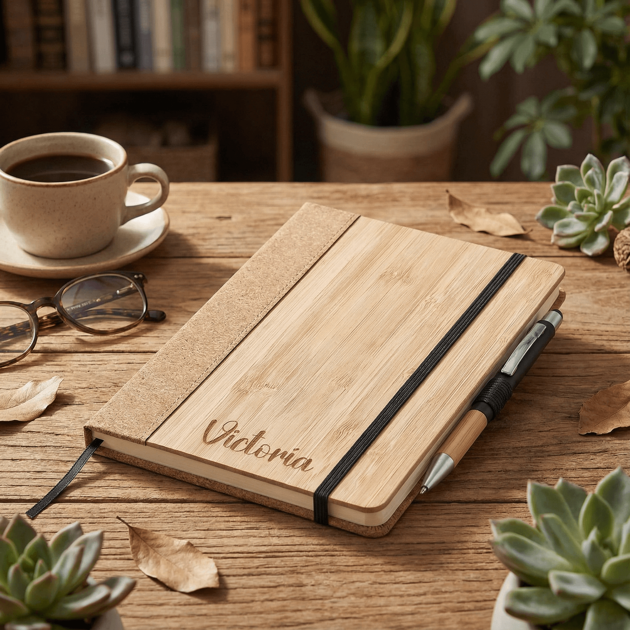 Personalised Okiyo Eri Bamboo & Cork Notebook & Pen Set