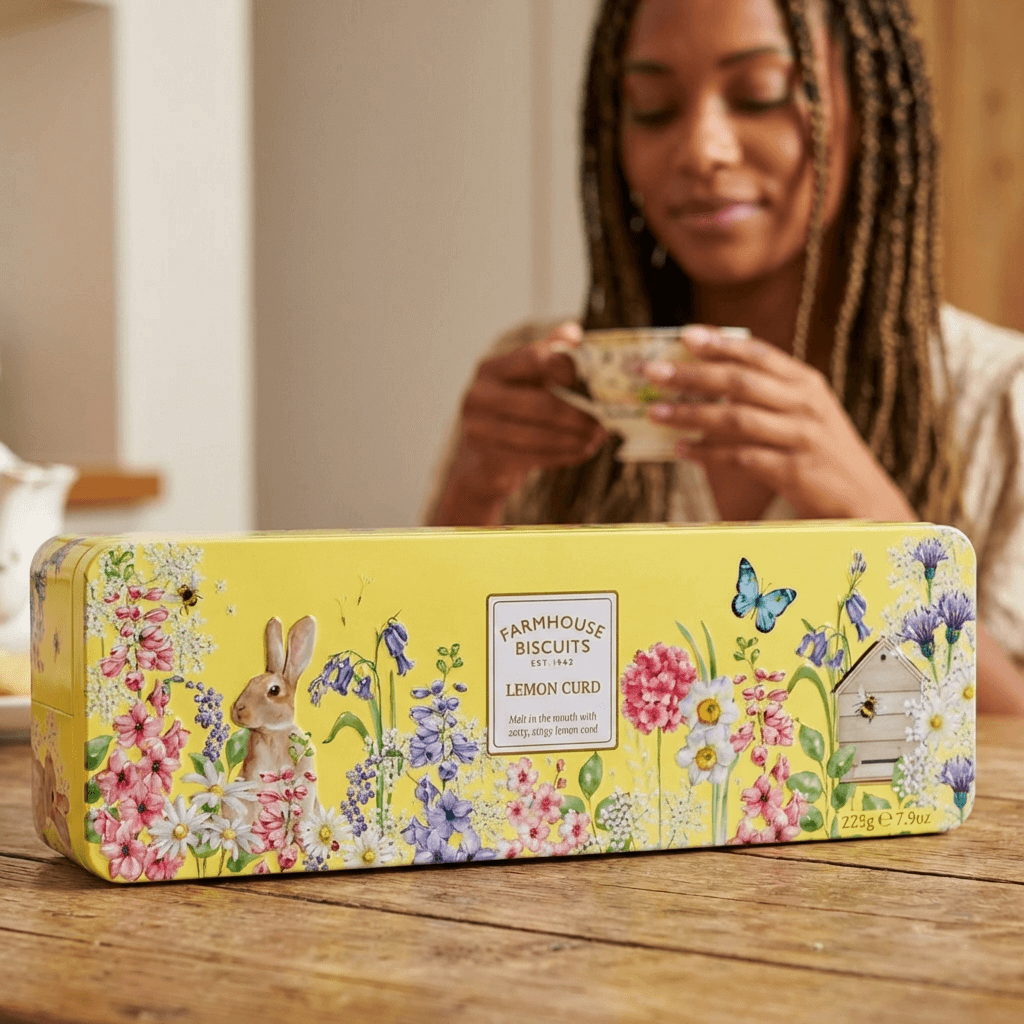 Farmhouse Lemon Curd Biscuits – Spring Garden Tin (225g)