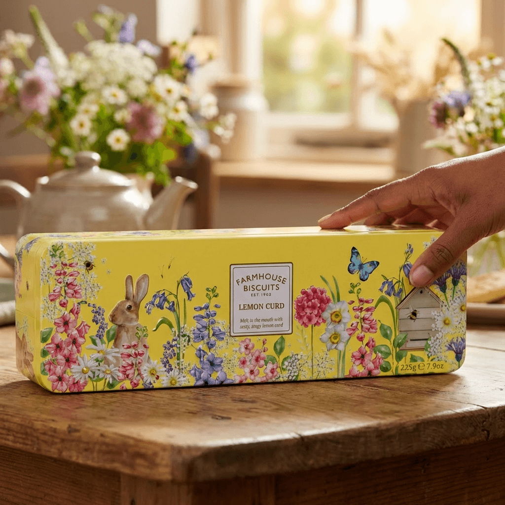 Farmhouse Lemon Curd Biscuits – Spring Garden Tin (225g)
