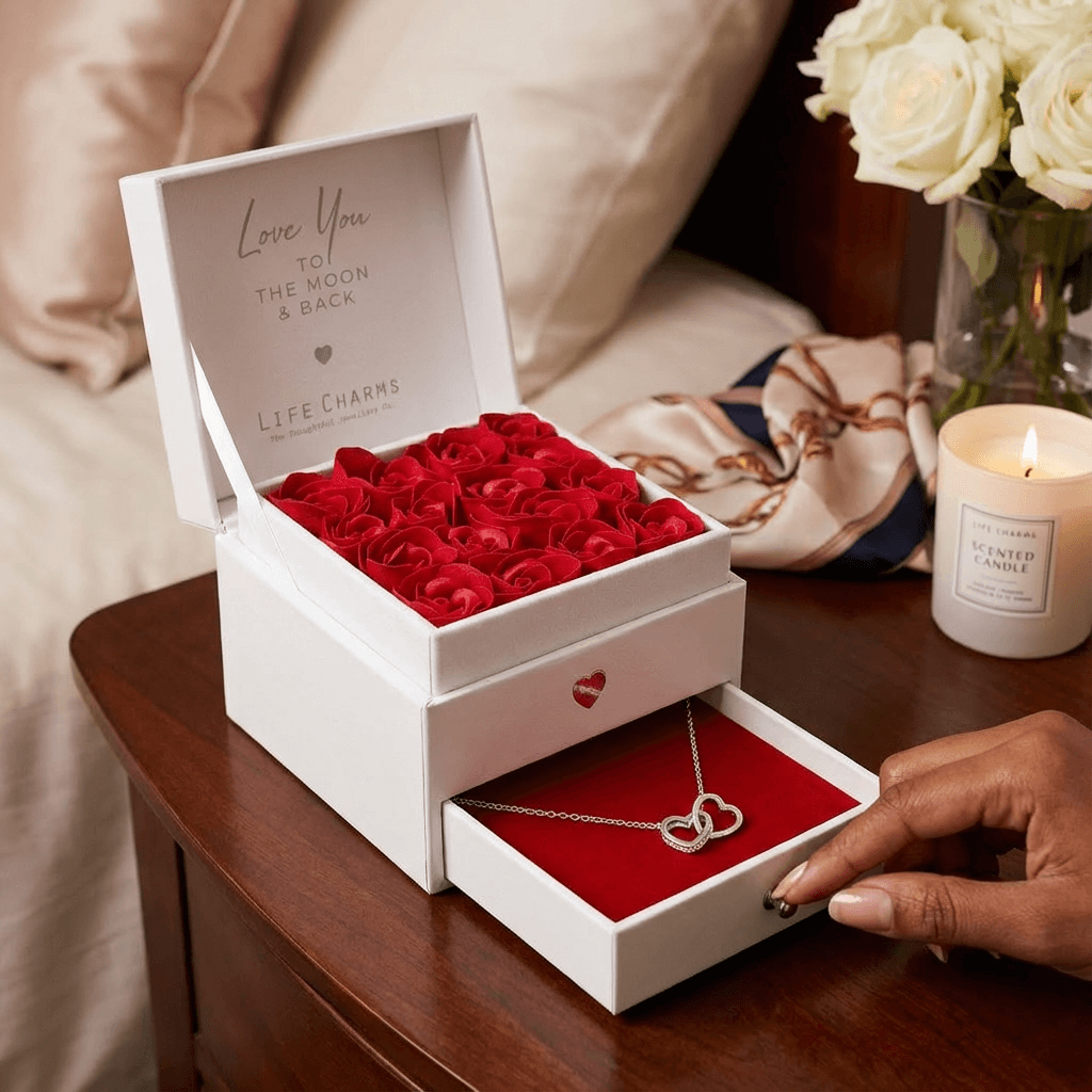 Love You to the Moon & Back – Double Heart Necklace Flower Box Gift