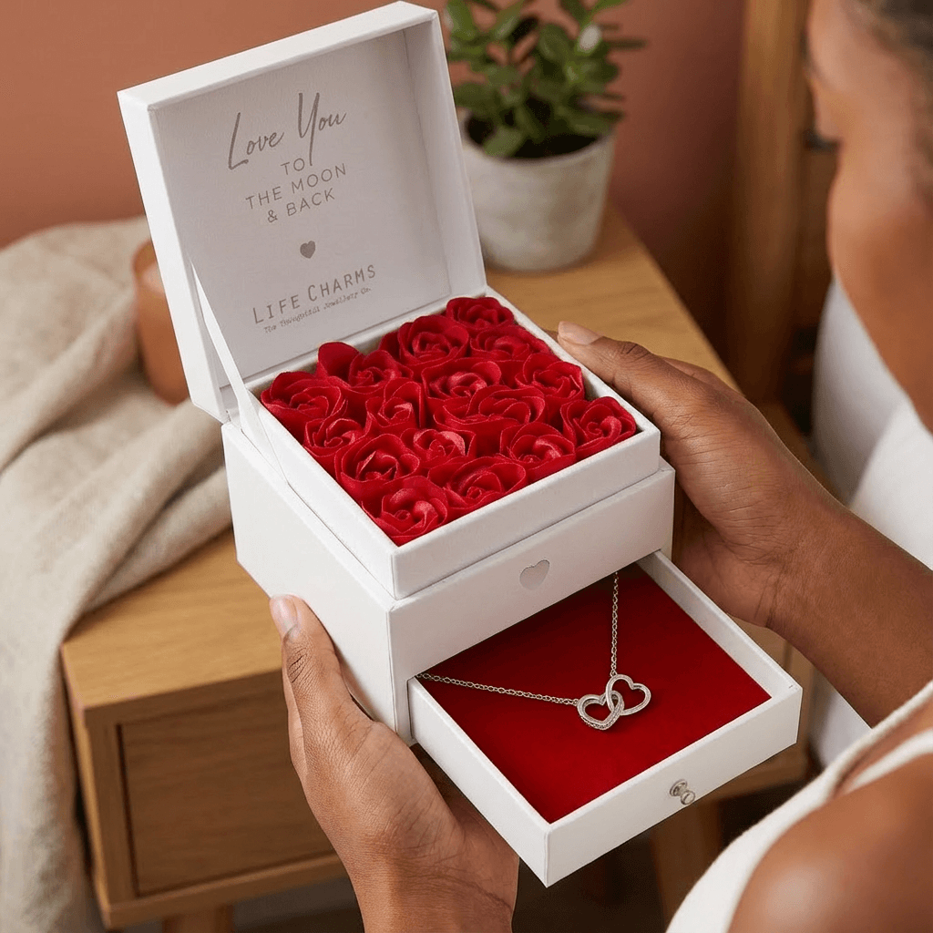 Love You to the Moon & Back – Double Heart Necklace Flower Box Gift
