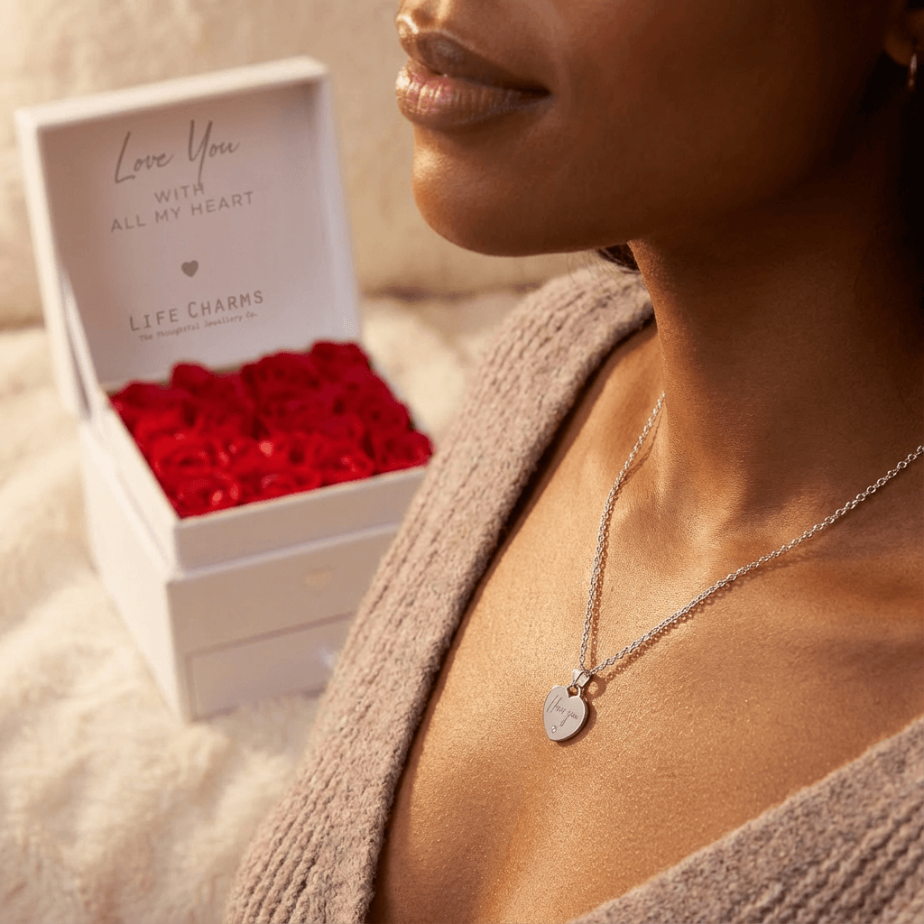 Love You With All My Heart – Heart Charm Necklace Flower Box Gift