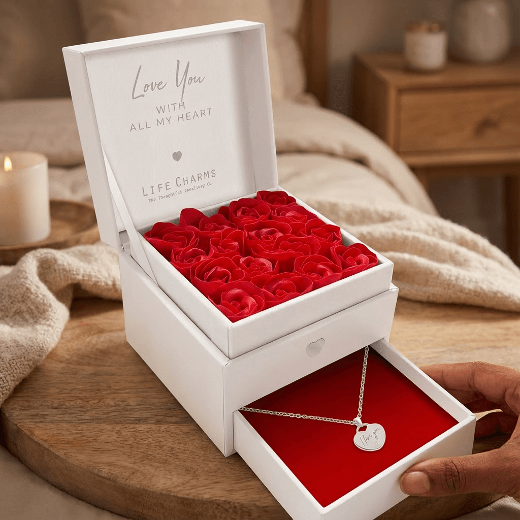 Love You With All My Heart – Heart Charm Necklace Flower Box Gift