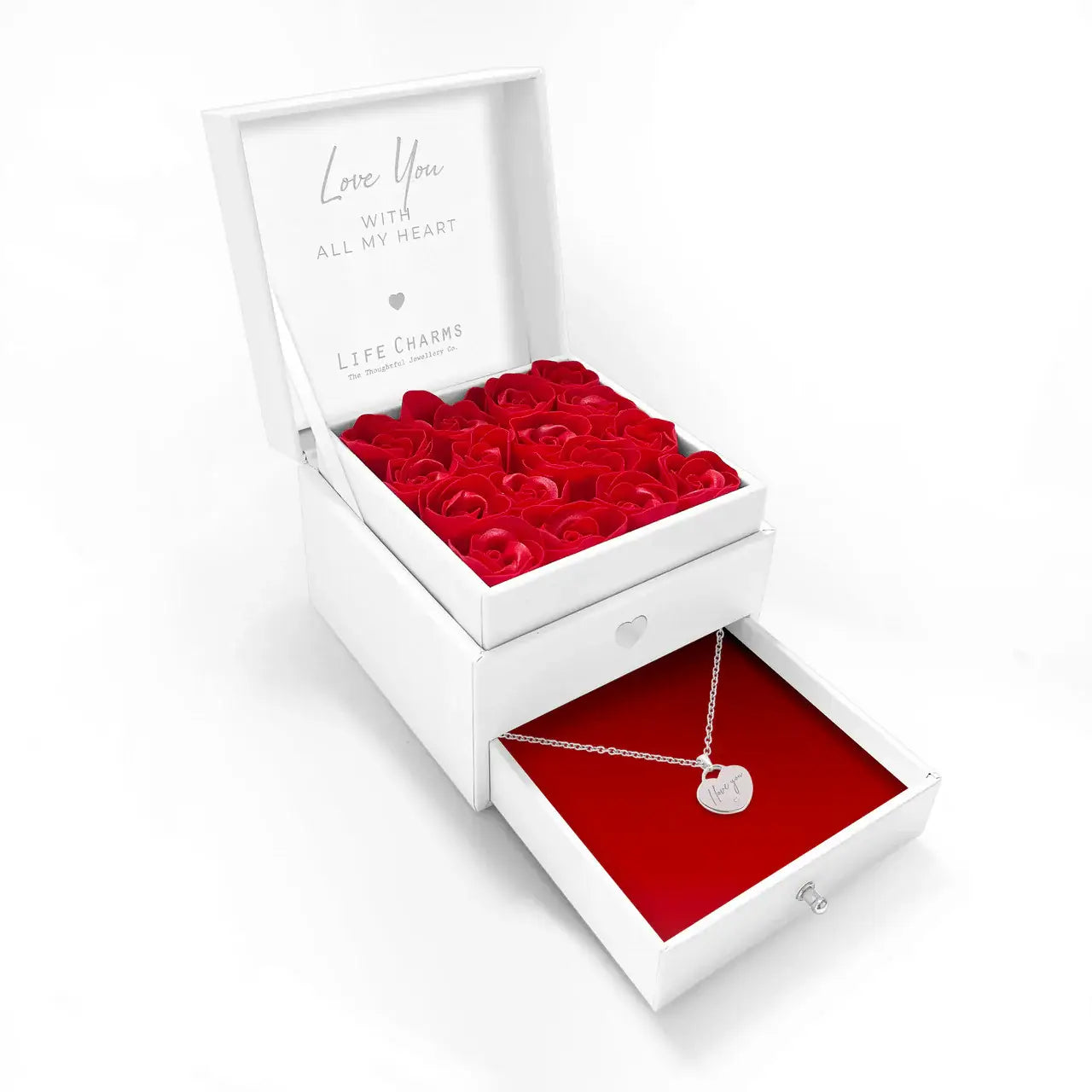 Love You With All My Heart – Heart Charm Necklace Flower Box Gift