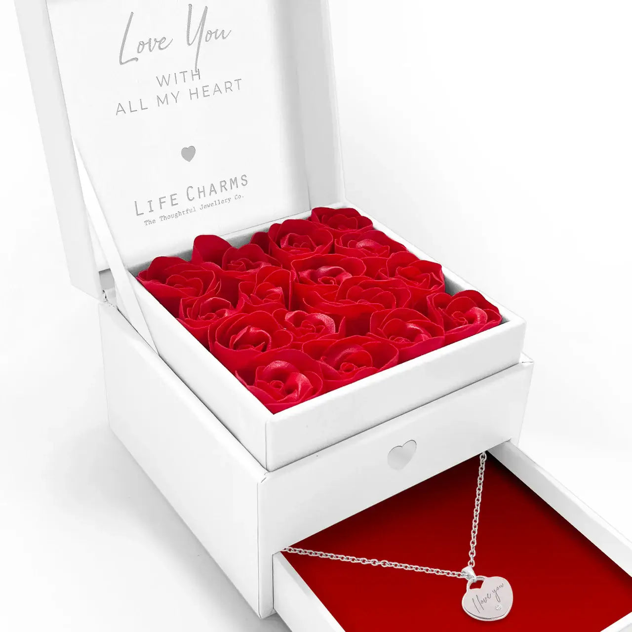 Love You With All My Heart – Heart Charm Necklace Flower Box Gift