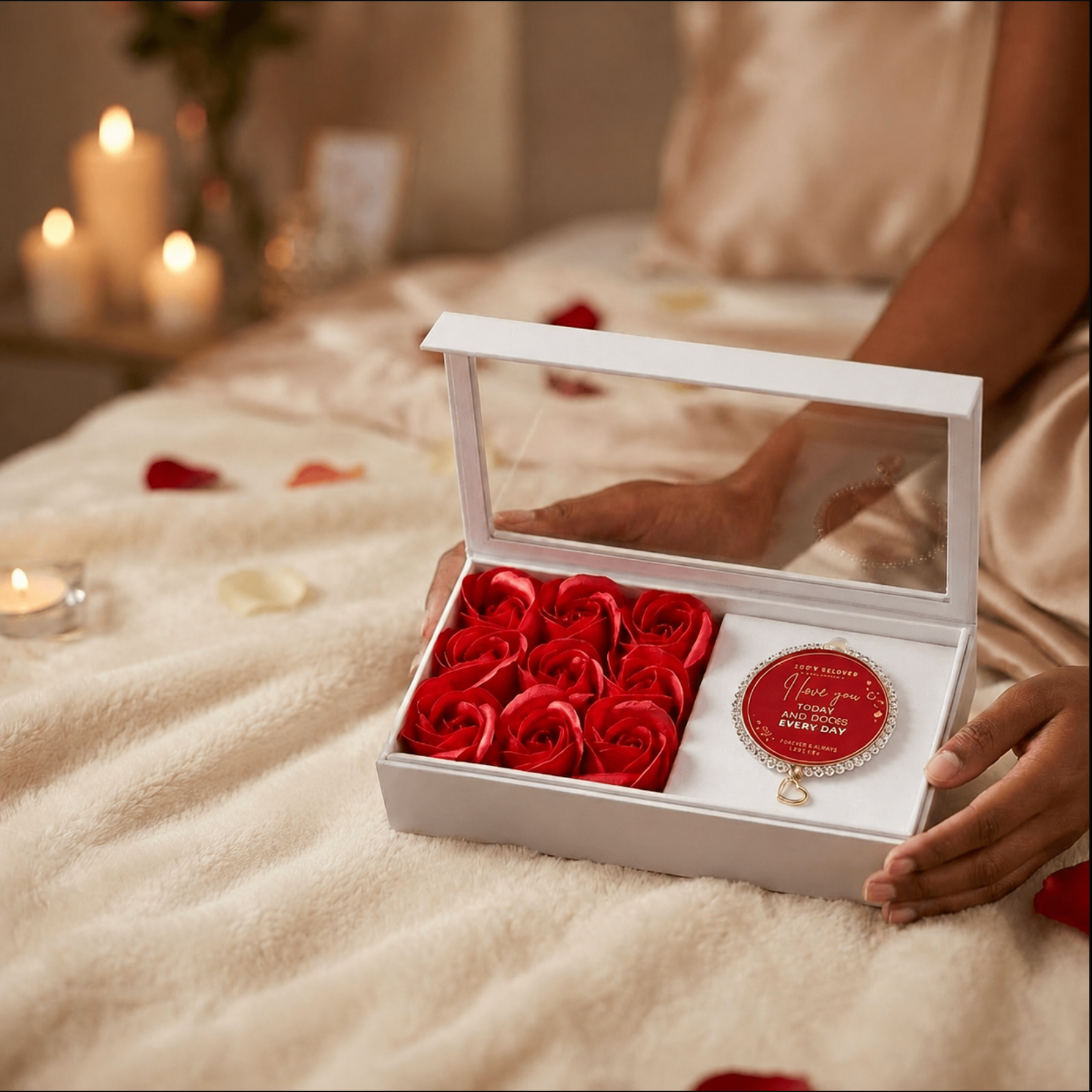 A box of red roses with a 'Happy Valentine's Day' card in a romantic setting with candles.