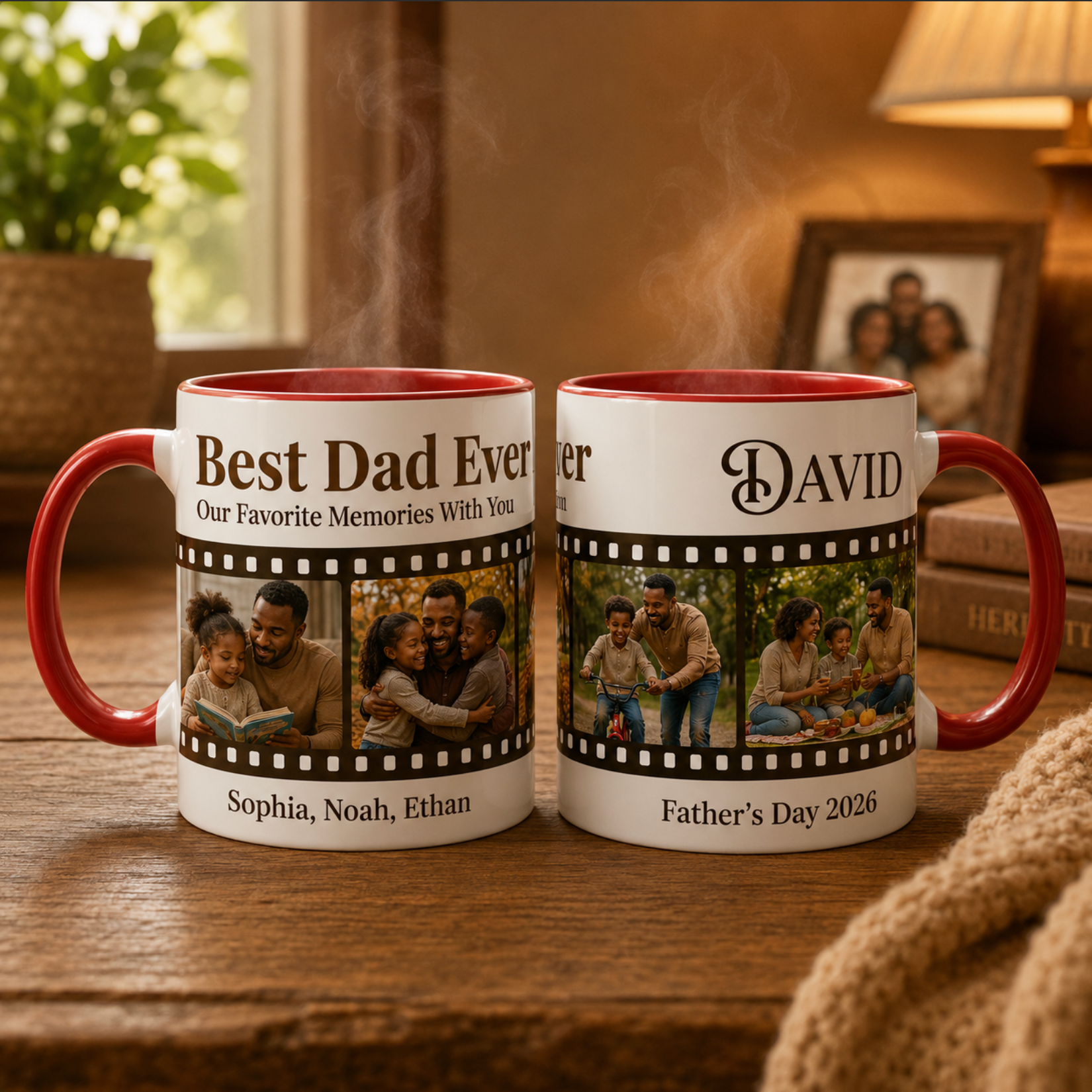 Two personalized mugs with family photos and text on a wooden table.