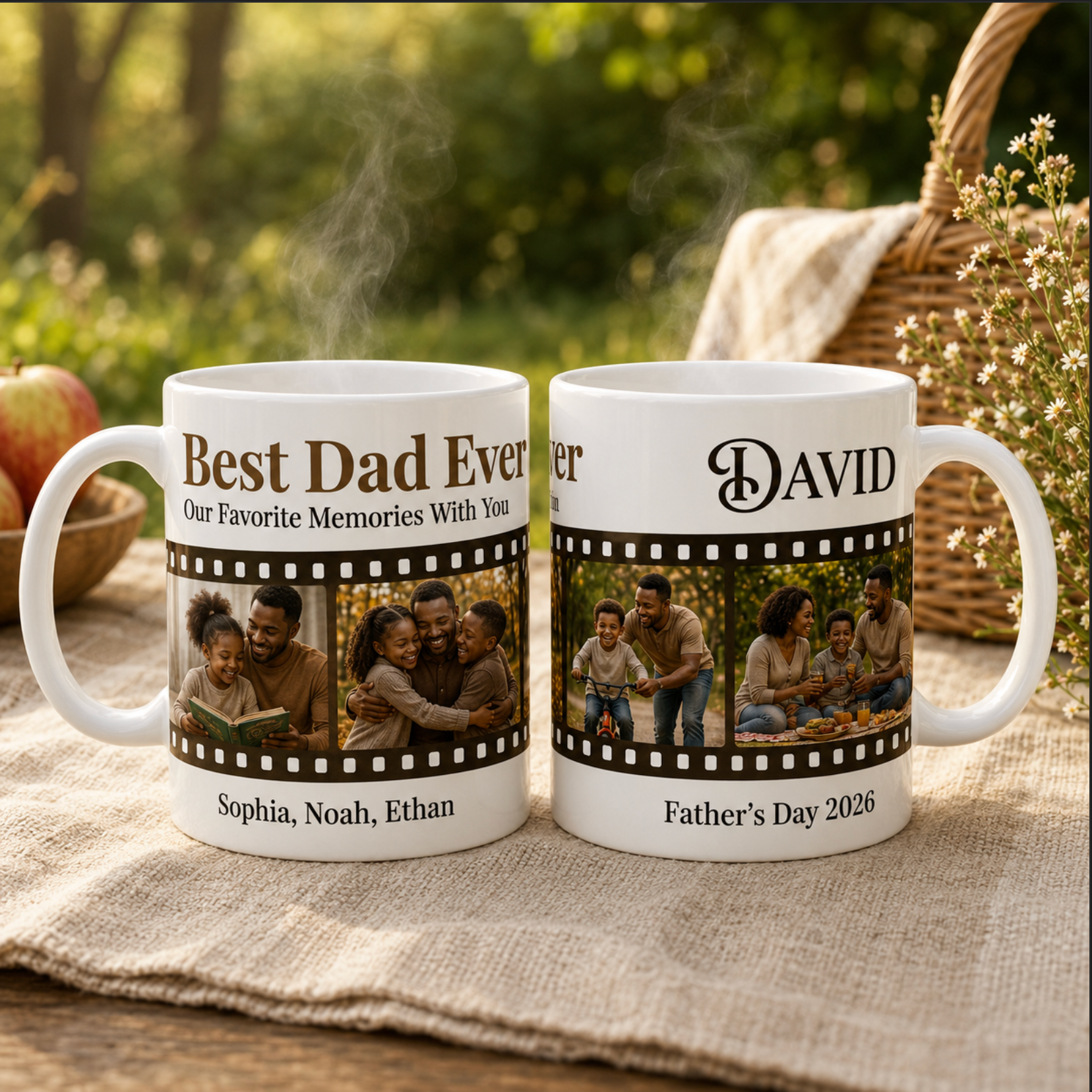 Two personalized mugs with family photos and text on a natural setting