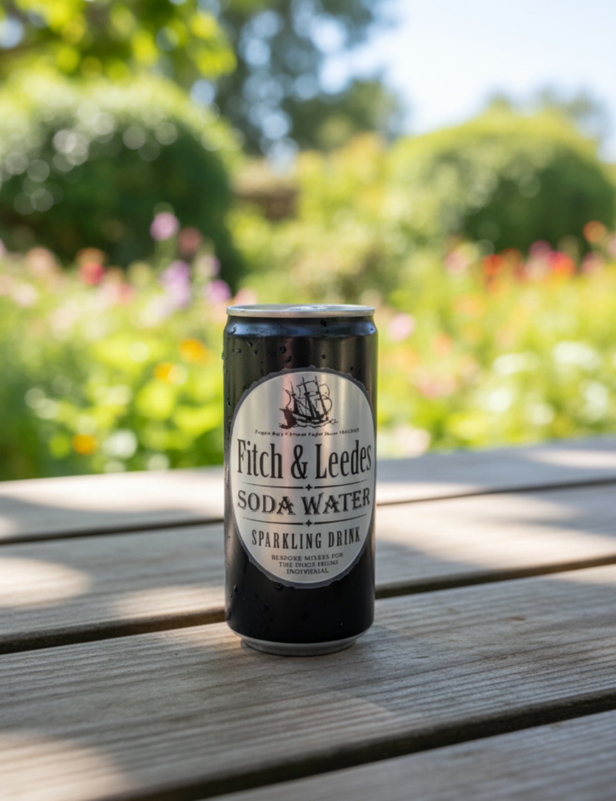 Fitch & Leeders Sod & Water can on a wooden table with a garden background