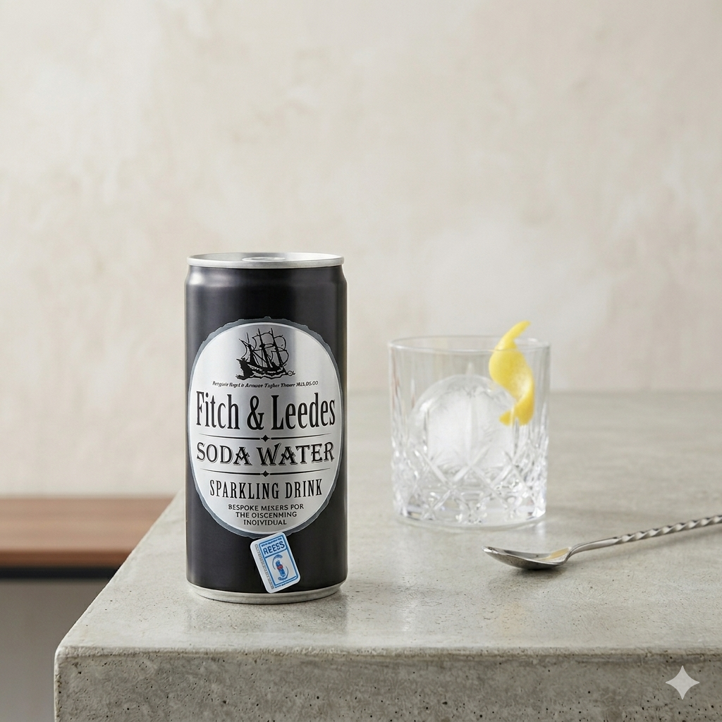 Fitch & Leedes soda water can on a concrete surface with a glass of cocktail.