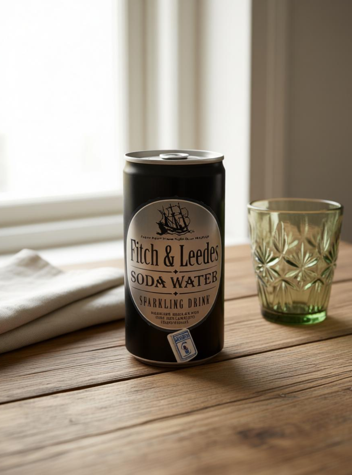 Fitch & Leedes soda water can on a wooden table with a glass in the background