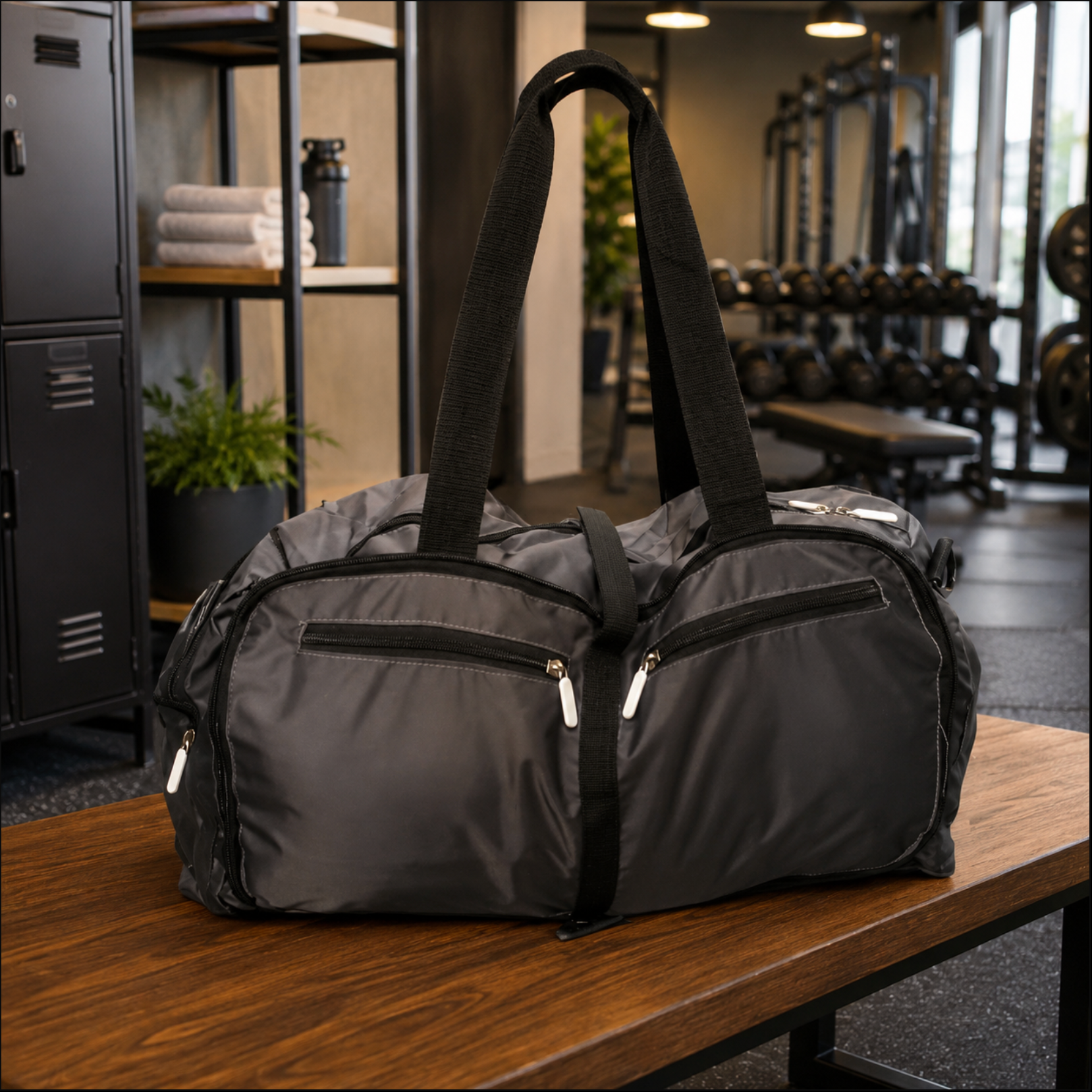 Gray duffel bag with black straps on a wooden table in a gym setting