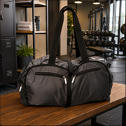 Gray duffel bag with black straps on a wooden table in a gym setting