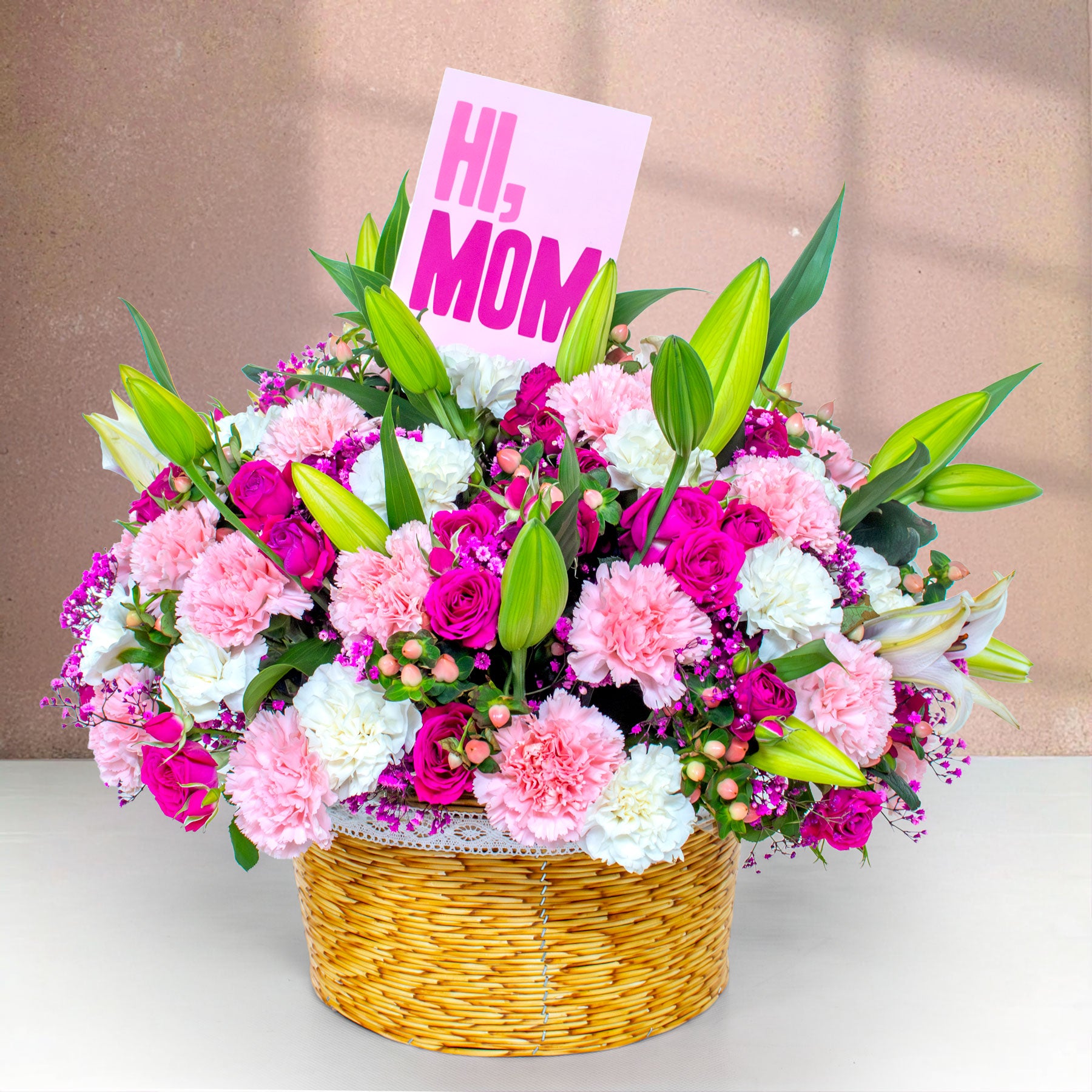 The Queen of Hearts Flower Basket – Pink Roses & Lilies with “Hi Mum” Card
