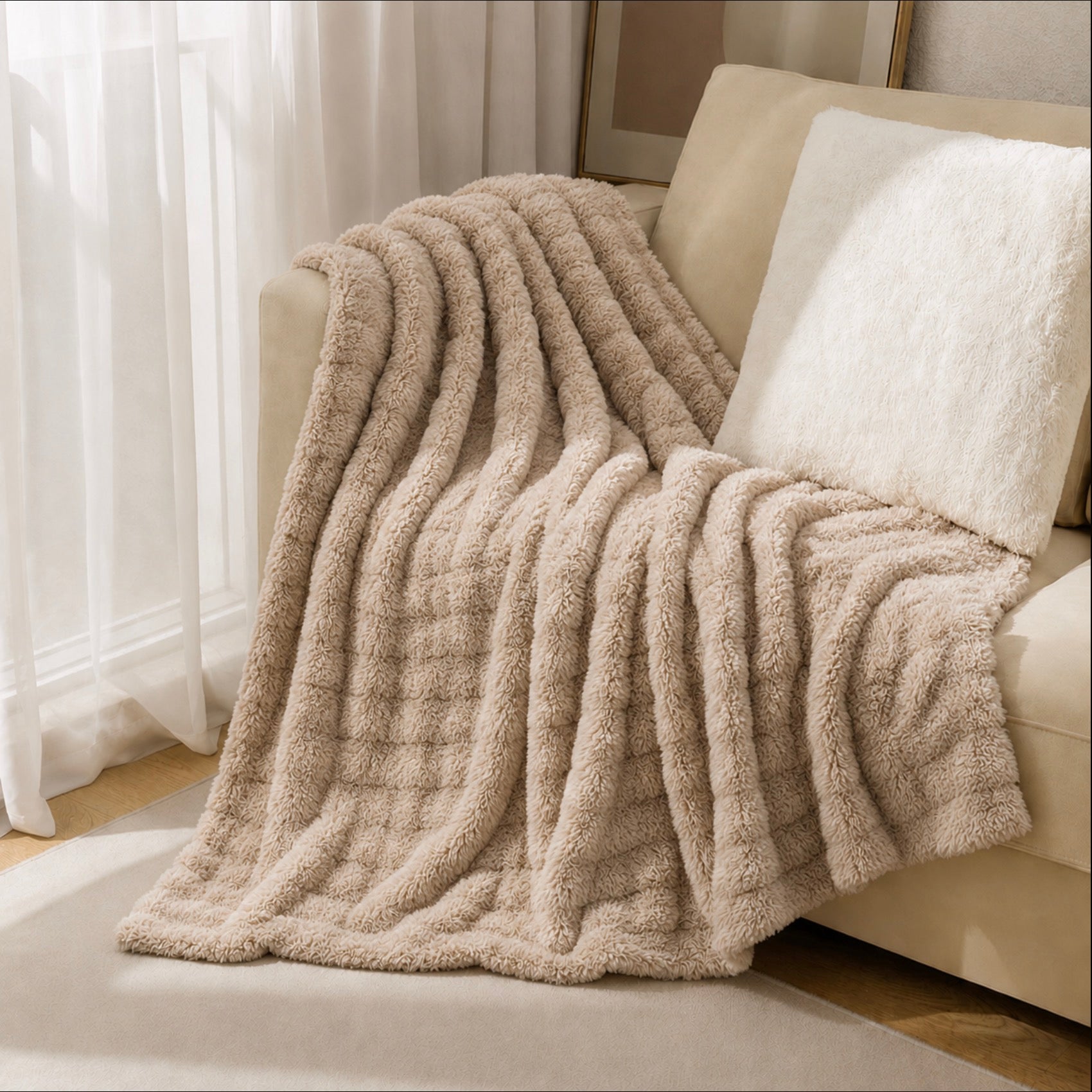 Ivory Cloud Textured Sherpa Throw Blanket