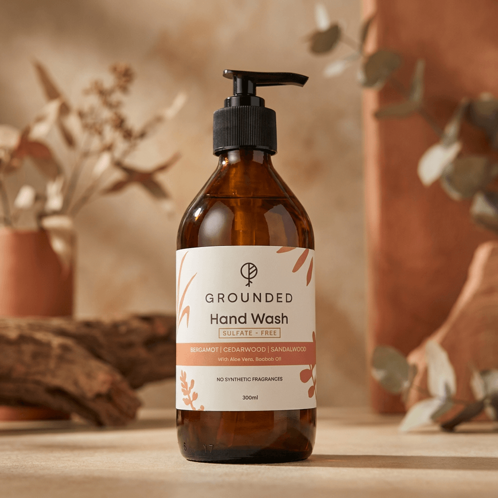 Brown bottle of Grounded hand wash on a wooden surface with a blurred natural background