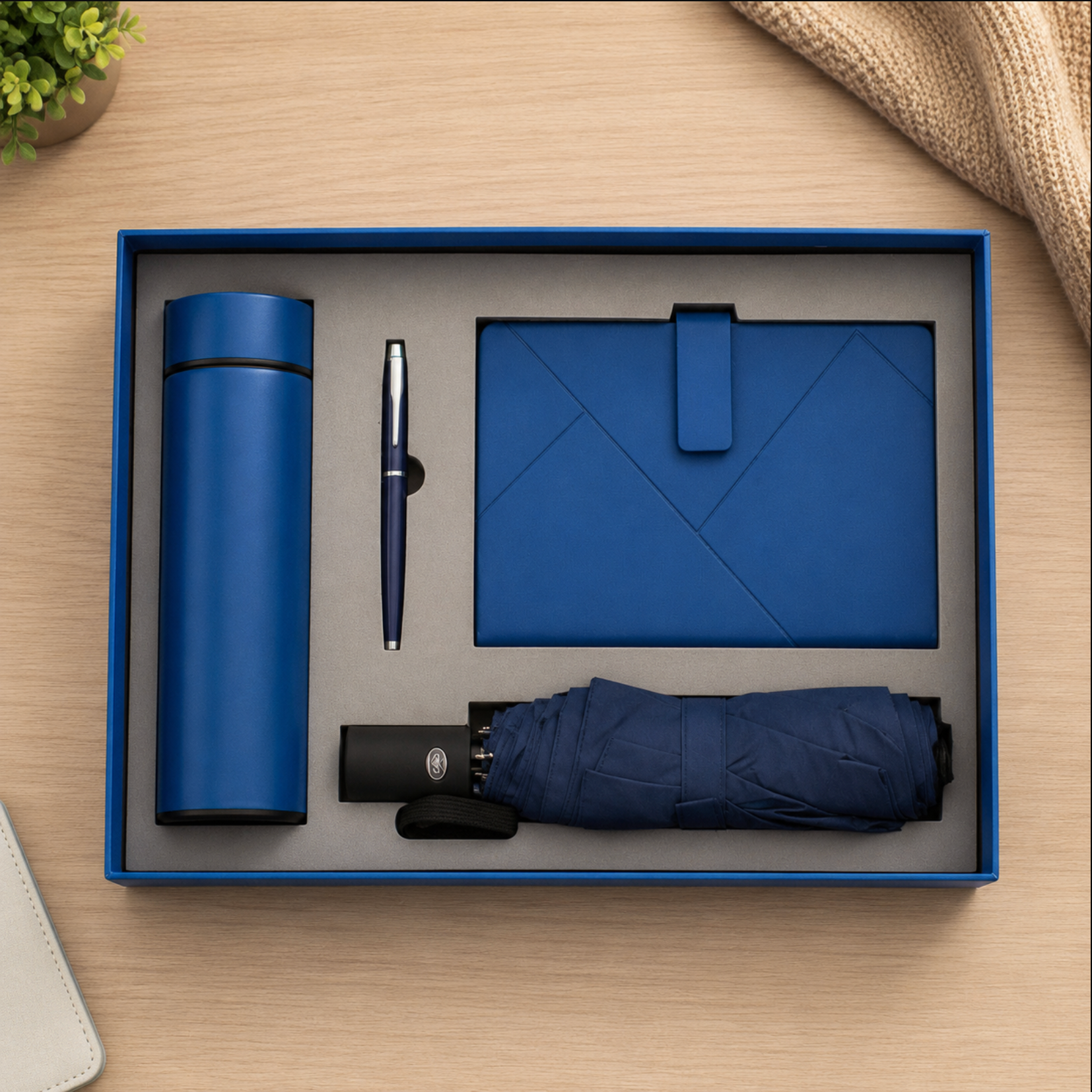 Personalised Notebook Gift Set – A5 Notebook, 500ml Bottle, Umbrella & Accessories Set