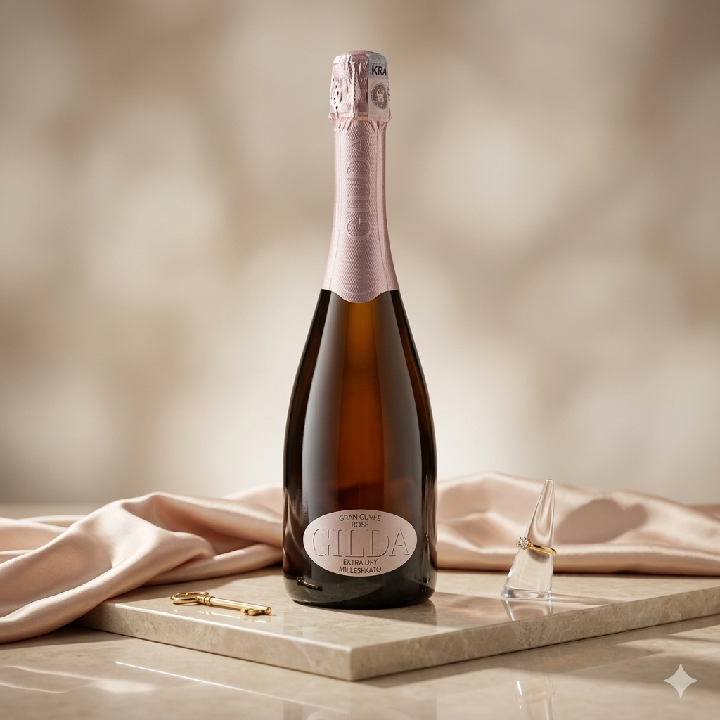Bottle of Glenda sparkling wine on a marble surface with a soft background