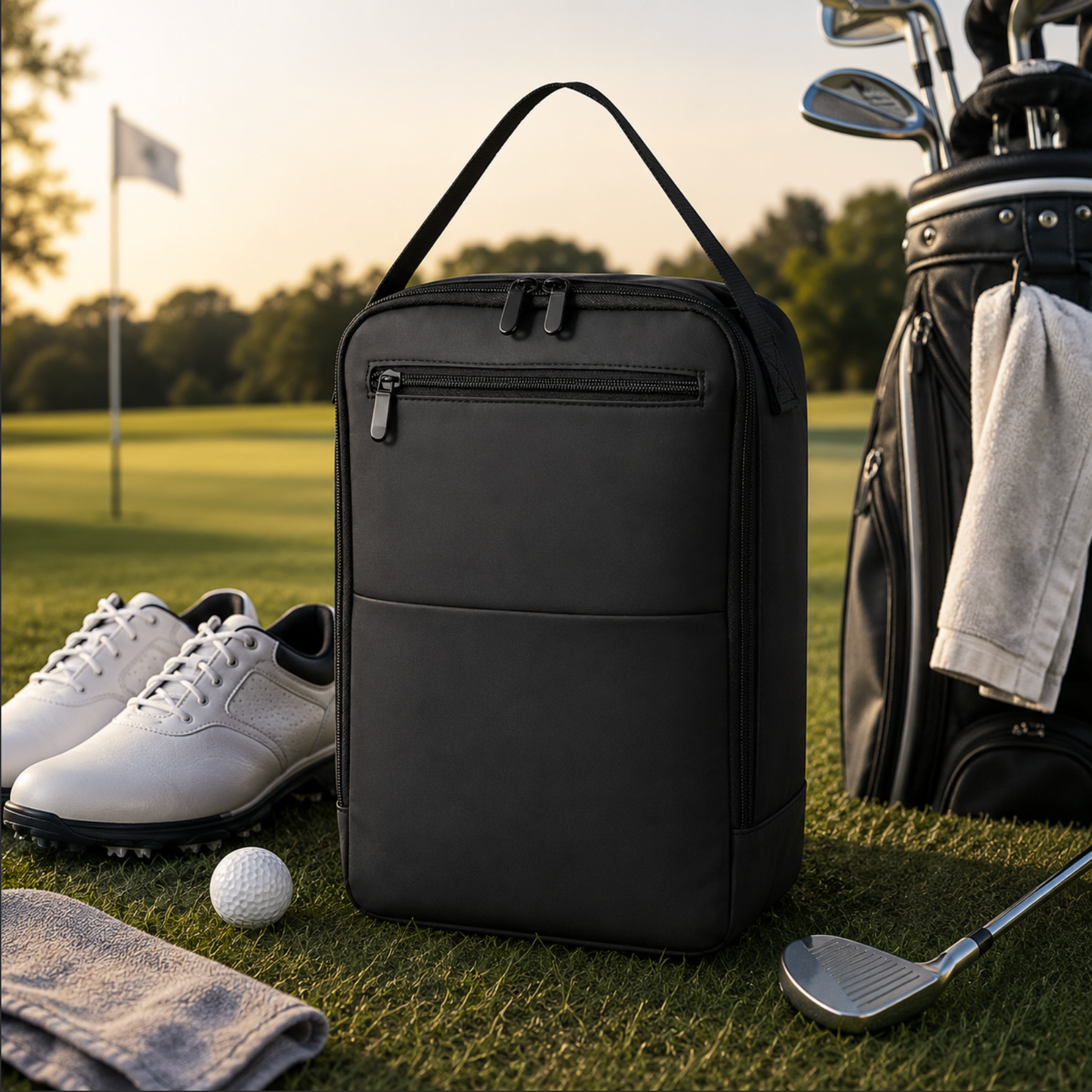 Black golf bag on a grassy field with golf shoes, ball, and club in the foreground.
