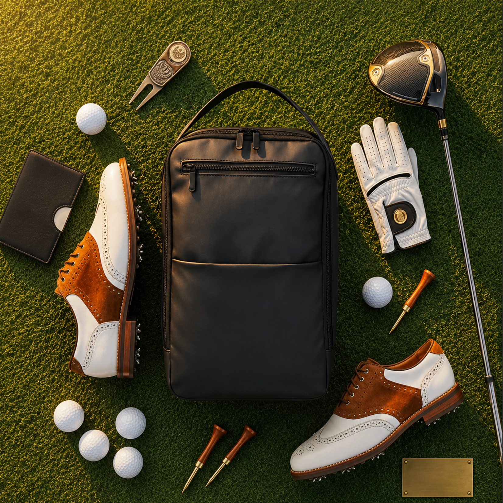 Golf bag with golf shoes, balls, club, glove, and accessories on a grassy background