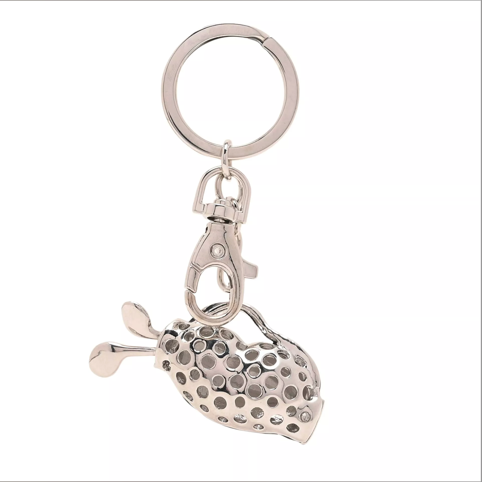 Silver keychain with a textured heart design on a white background