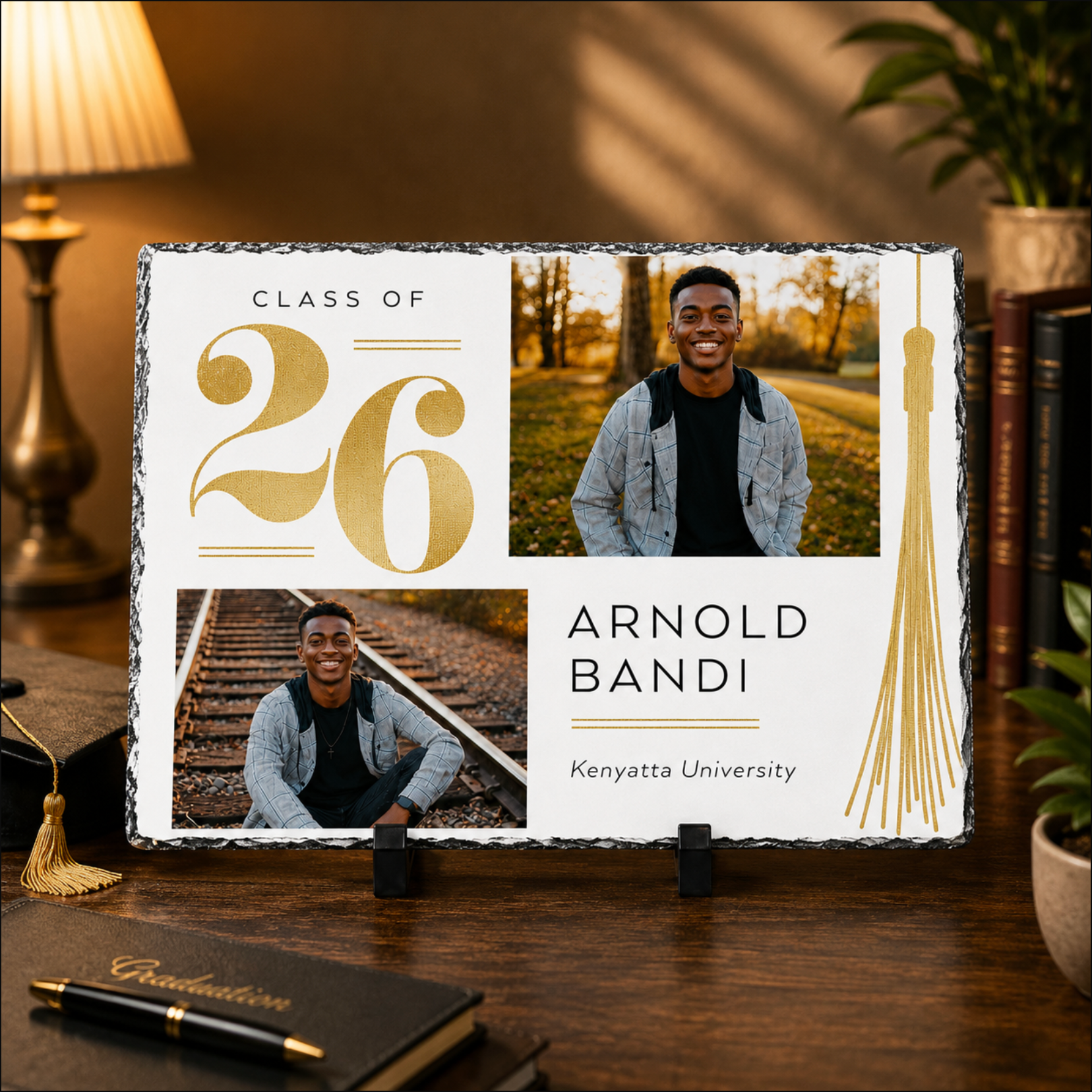 Graduation-themed decorative plaque with photos and text on a wooden surface.