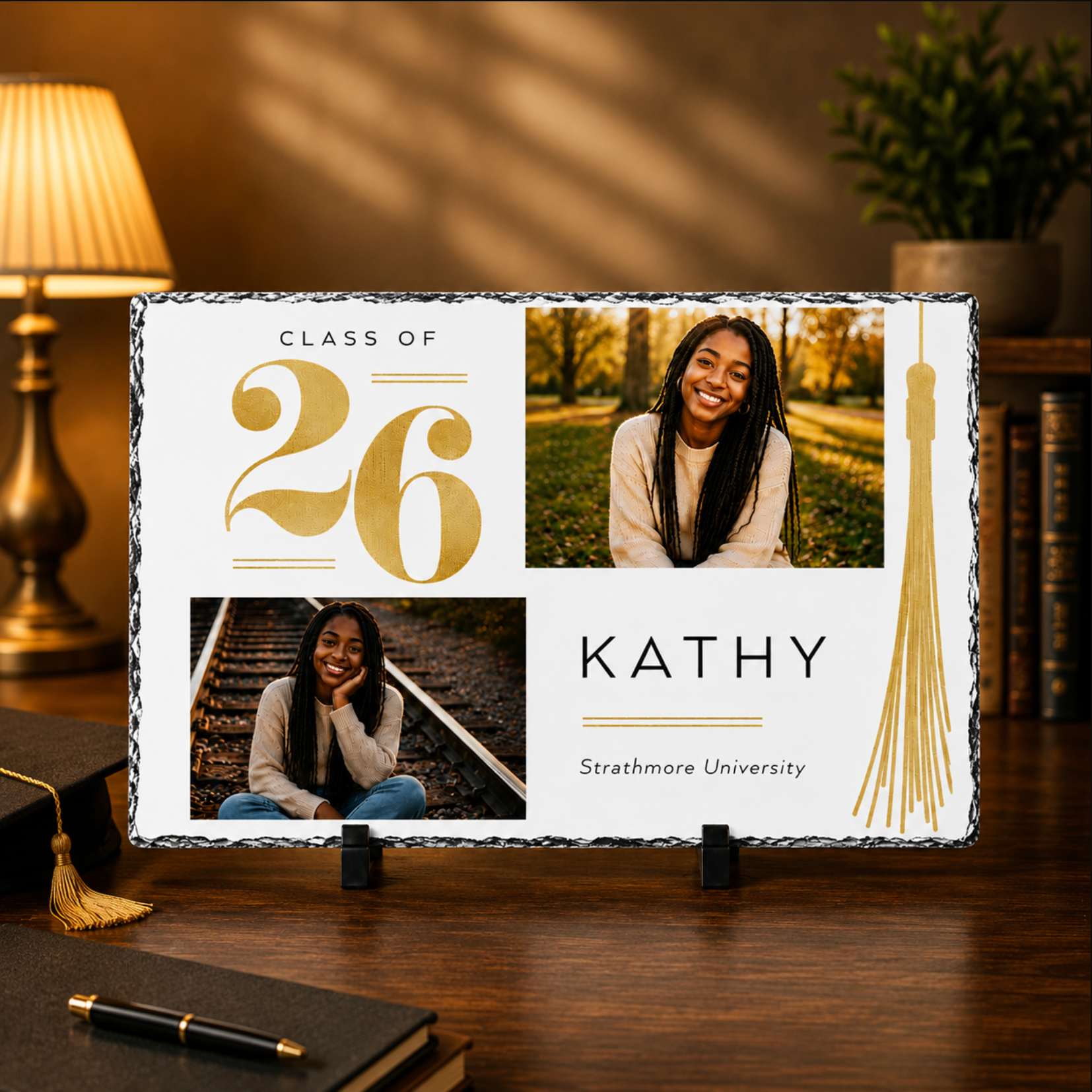 Graduation-themed decorative plaque with photos and text on a wooden surface.